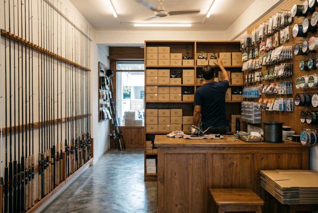 The AJ Fishing Tackles shopfront at dusk, warm light spilling onto the pavement