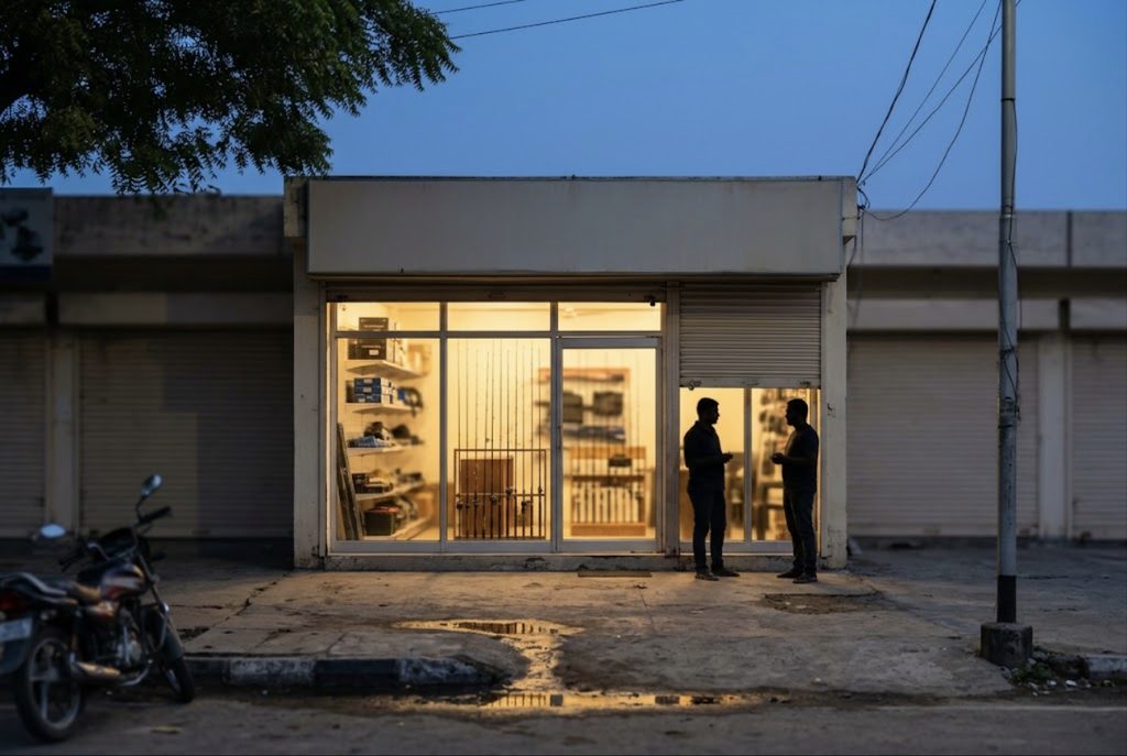 The shopfront at dusk, warm light spilling from the glazed frontage onto the pavement