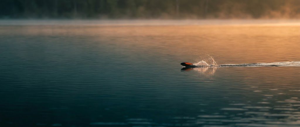 Topwater lure working across calm water at first light