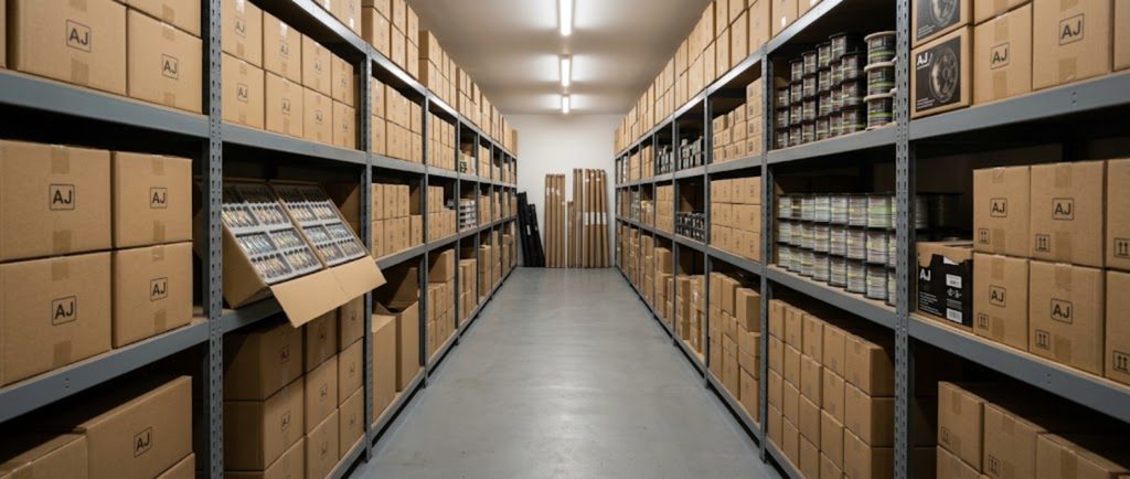 A wall of shelving in the shop stacked with boxed tackle