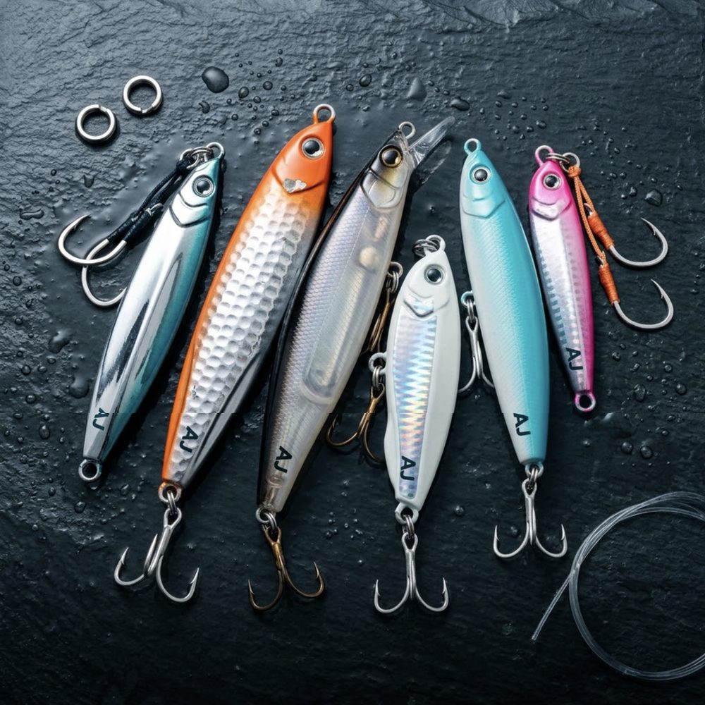 Metal casting jigs and hard lures on wet dark slate