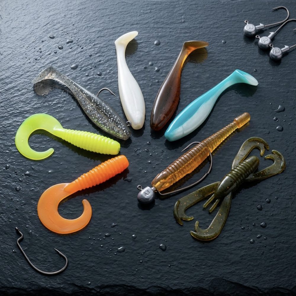 Paddle-tail shads and creature baits on wet slate