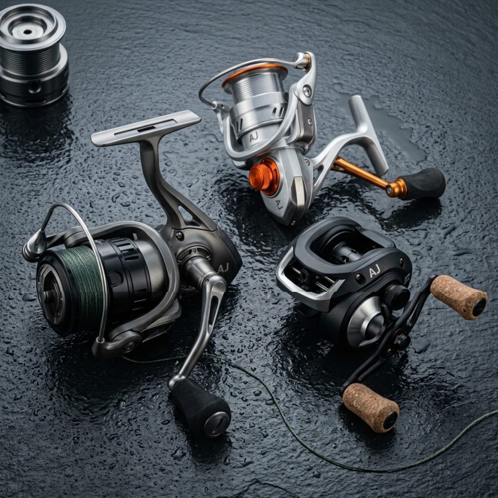 Spinning and baitcasting reels on wet dark slate
