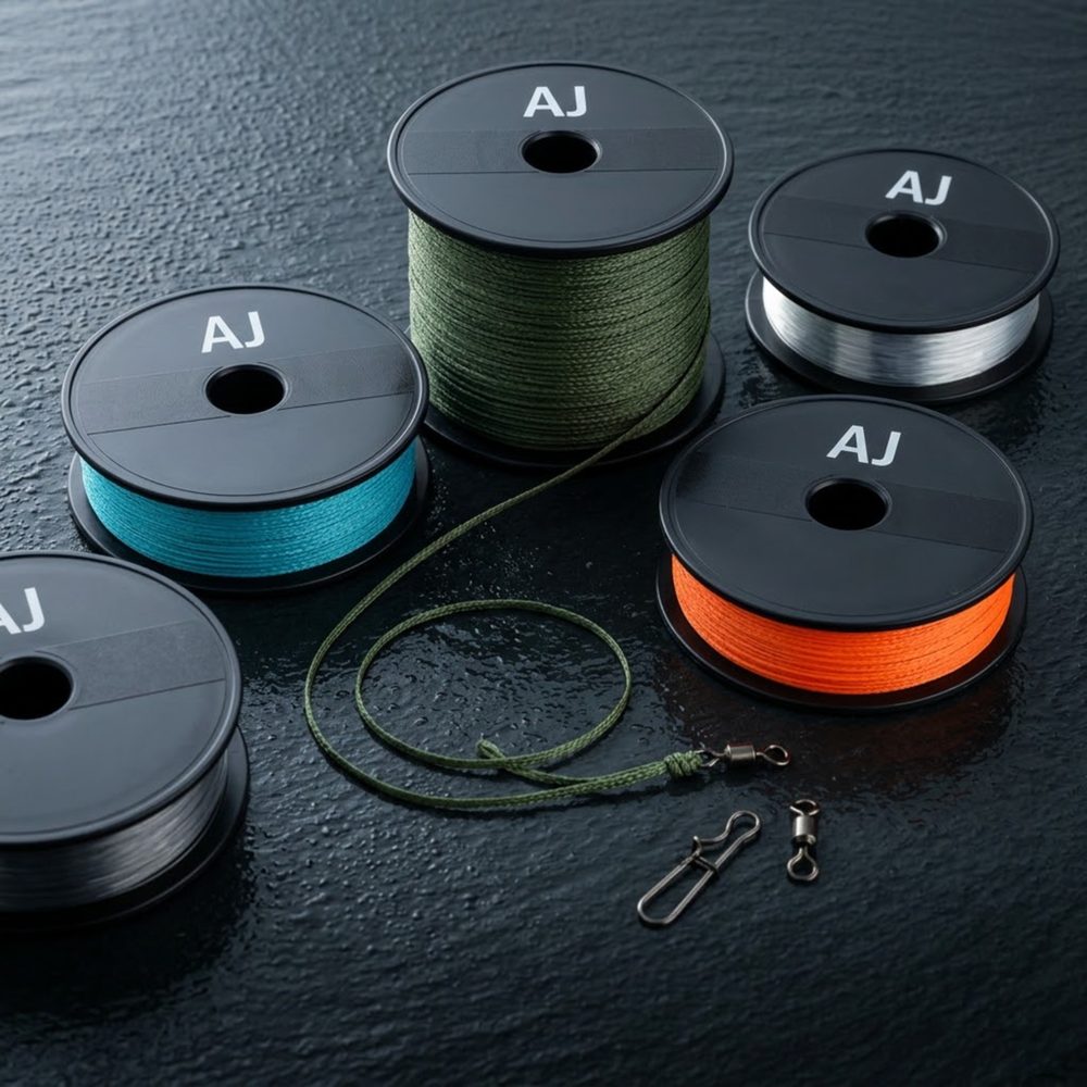 Spools of braid and leader on wet slate