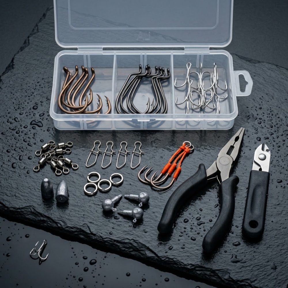Detail of the shop counter with a reel, tools and a spool of braid