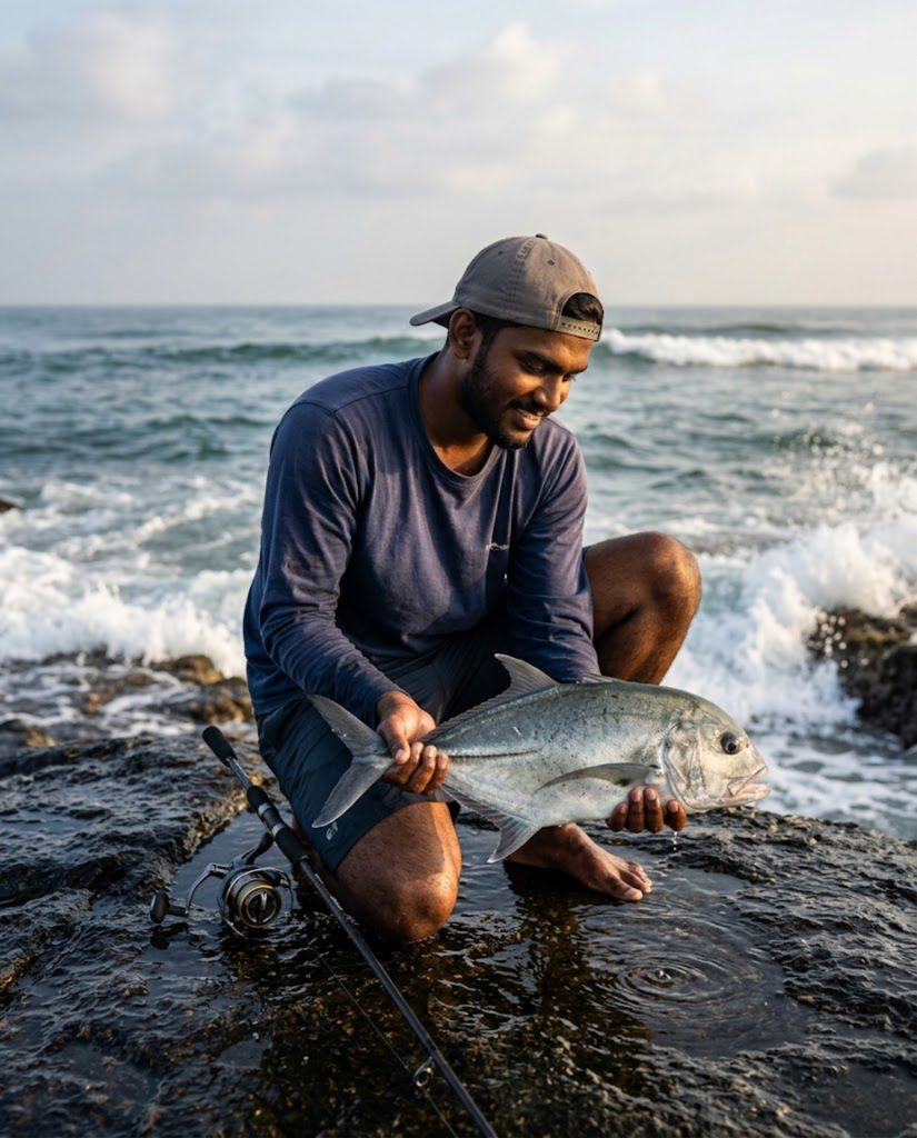 Angler crouched on a wet rock ledge holding a trevally