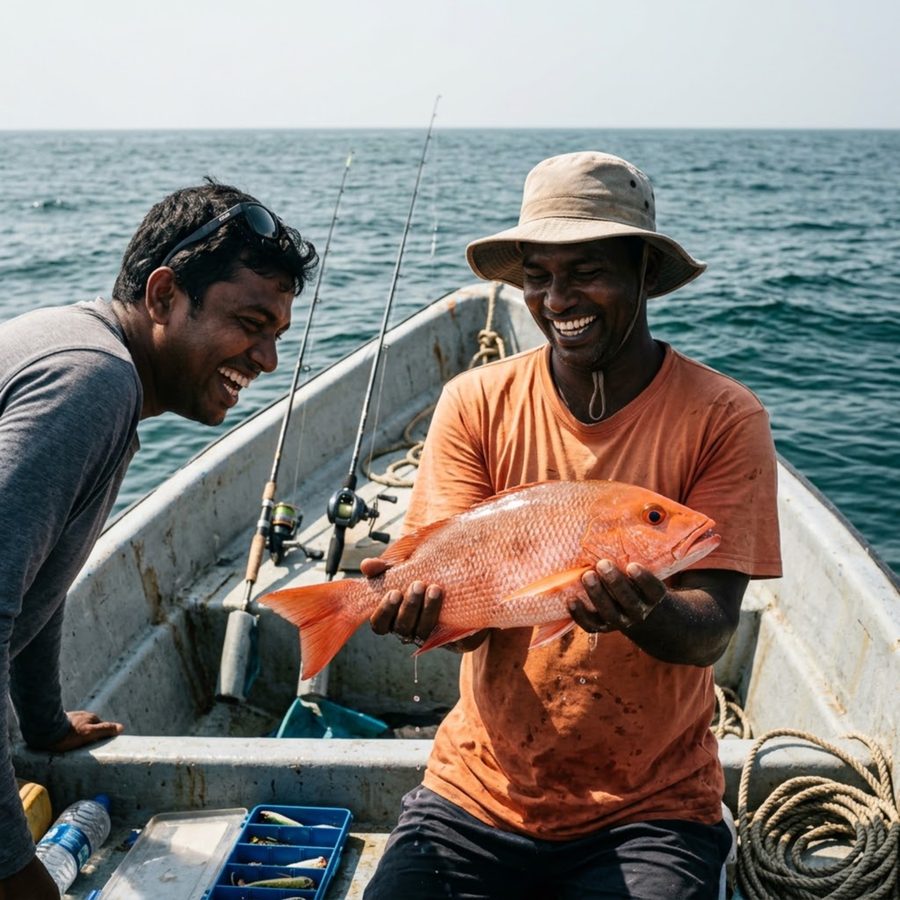 Two anglers in a small boat with a red snapper