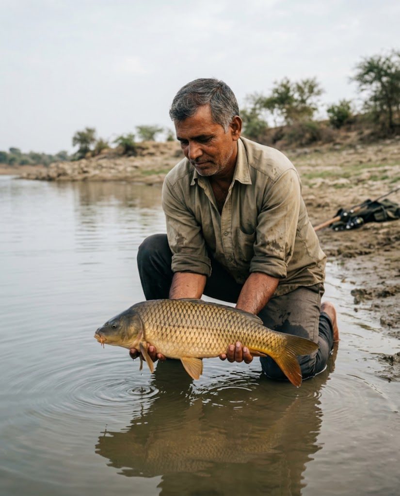 Angler kneeling at a reservoir margin cradling a carp
