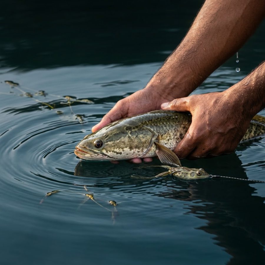 Close-up of hands lowering a snakehead back into water