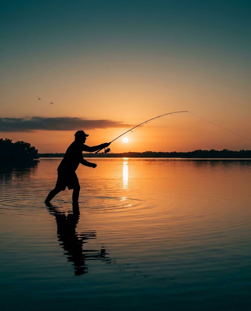 Silhouetted angler mid-cast on an estuary at sunset