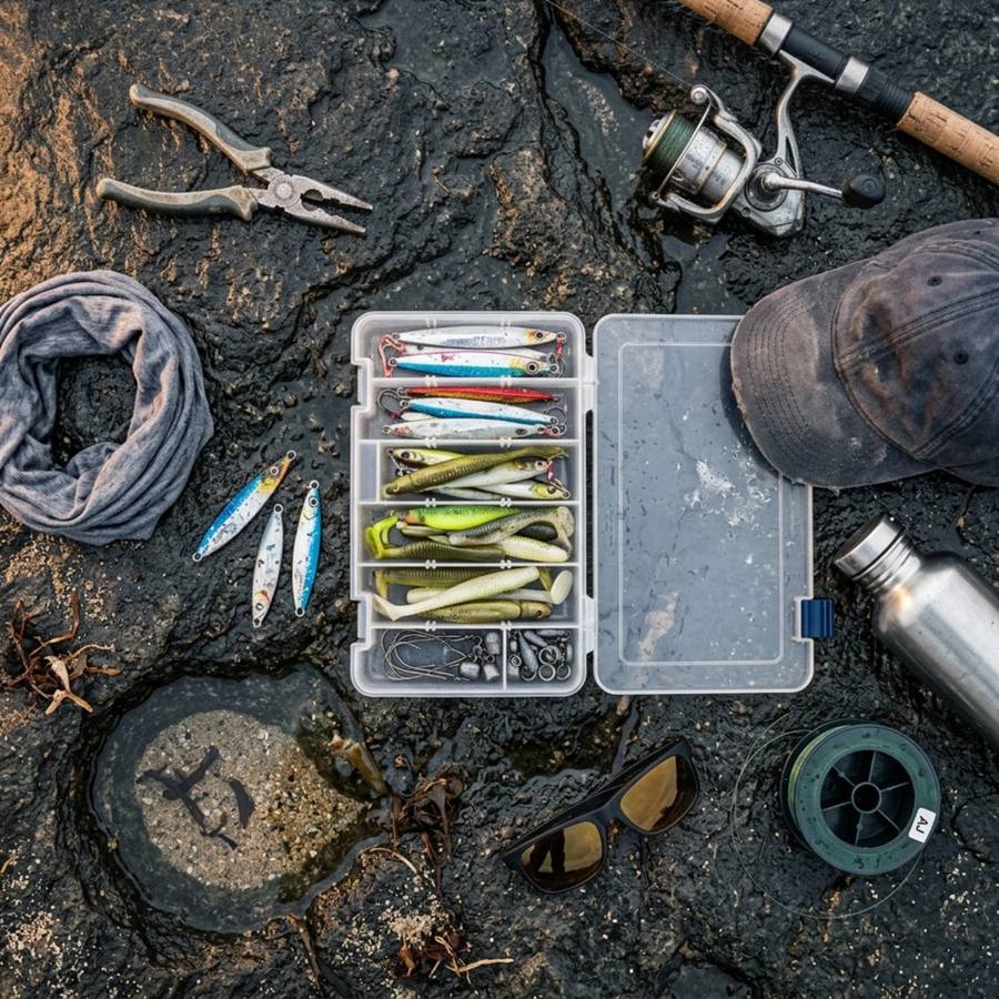 Overhead flat-lay of a tackle box and gear on wet granite