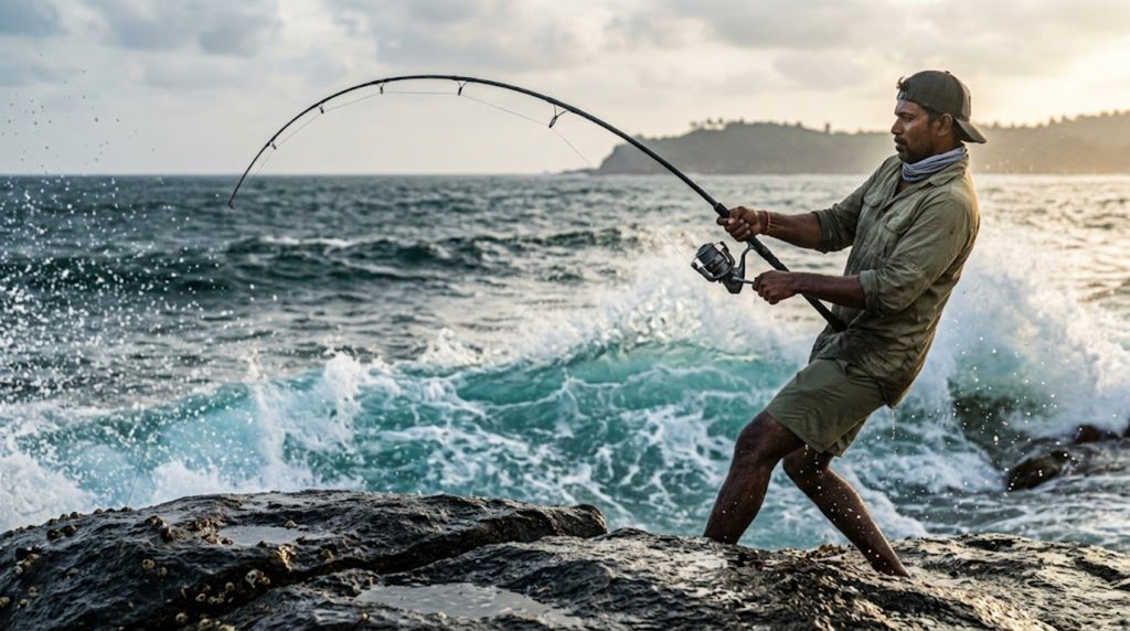 Angler braced on a wet granite ledge at dawn, rod bent into a fish as surf breaks behind him