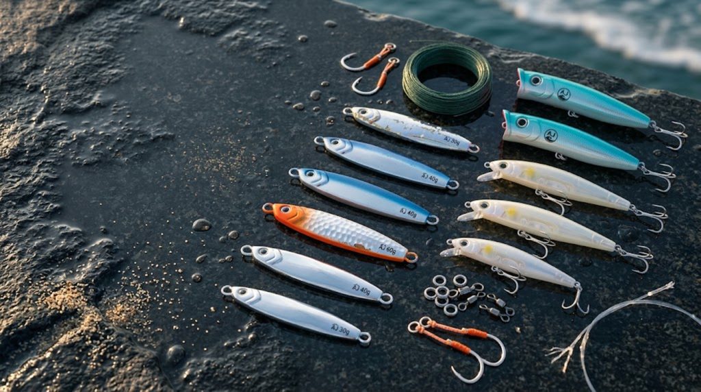 Fishing tackle laid out across a wet dark granite slab