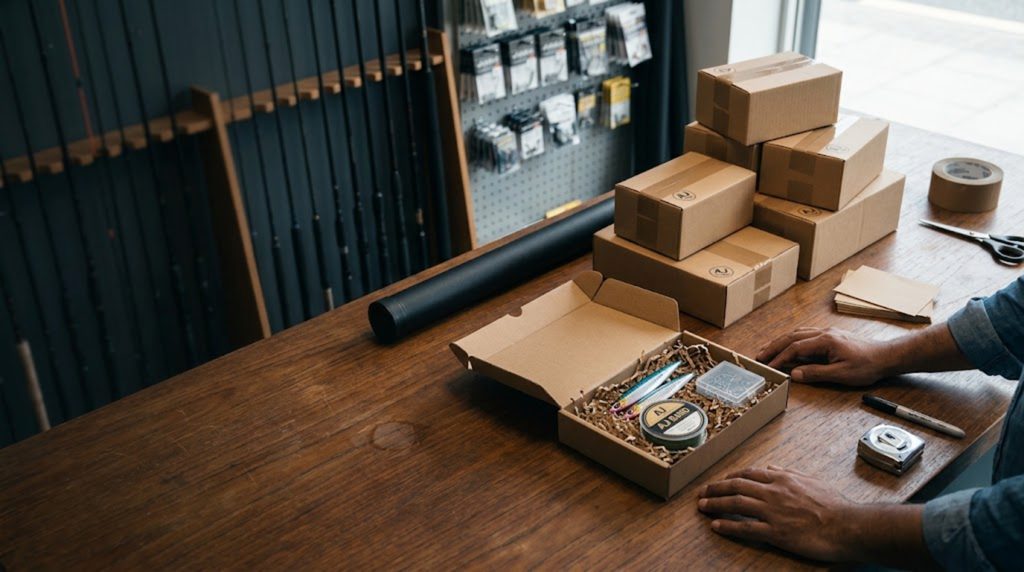 The shop owner behind the counter, servicing a spinning reel