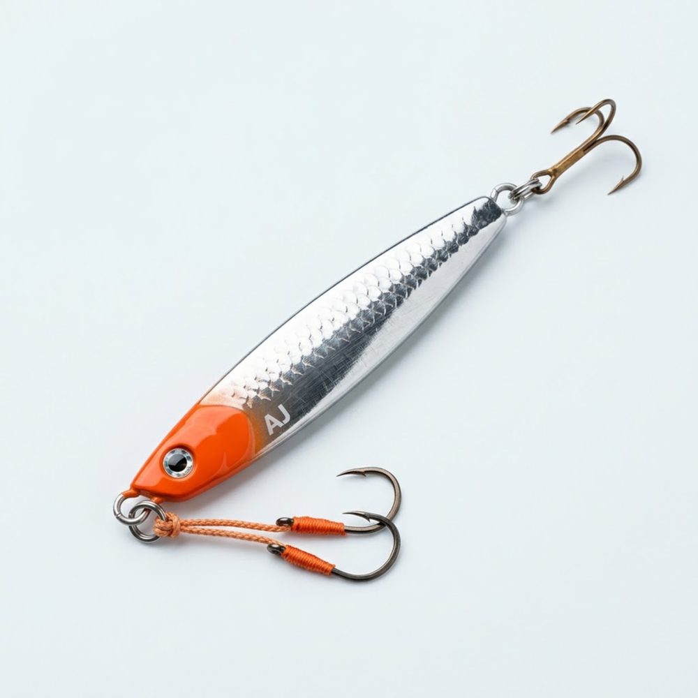 Chrome and orange metal casting jig with assist hook and treble on a pale studio background