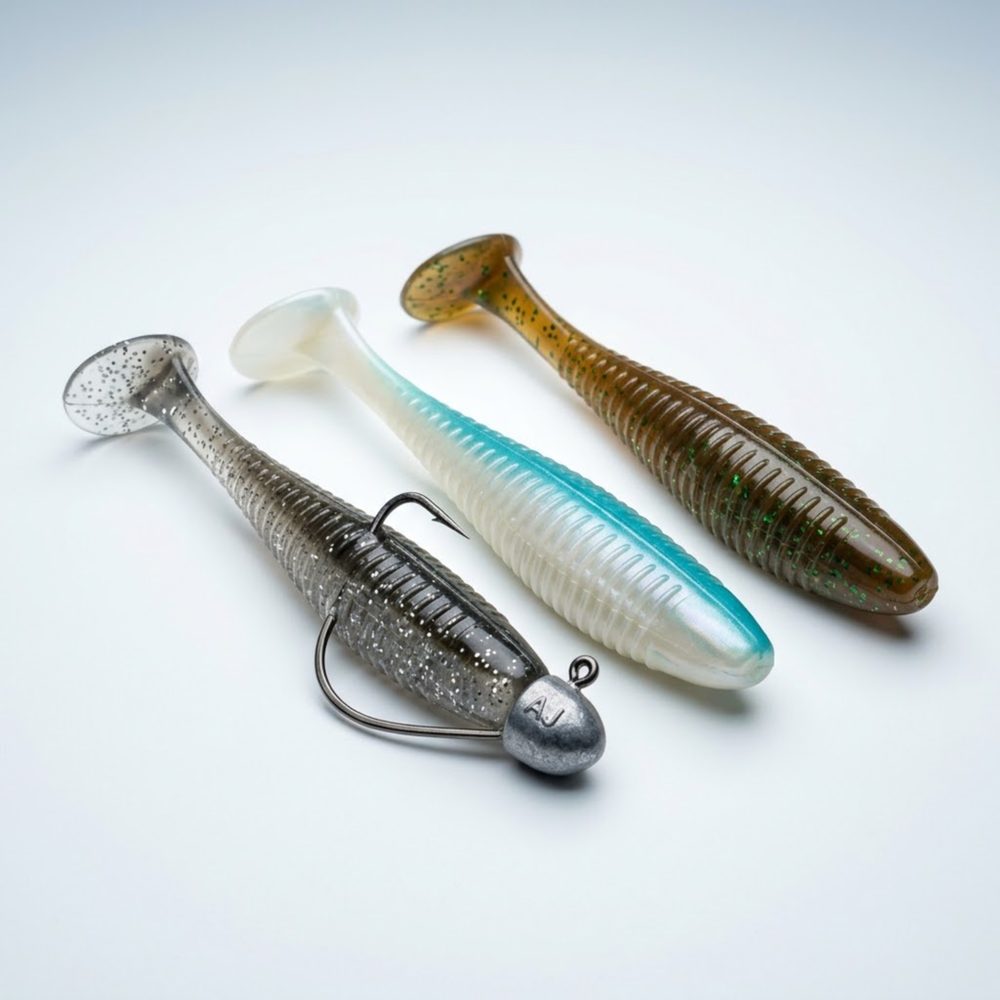 Three paddle-tail soft shads in smoke, pearl and motor-oil colours, one rigged on a jig head