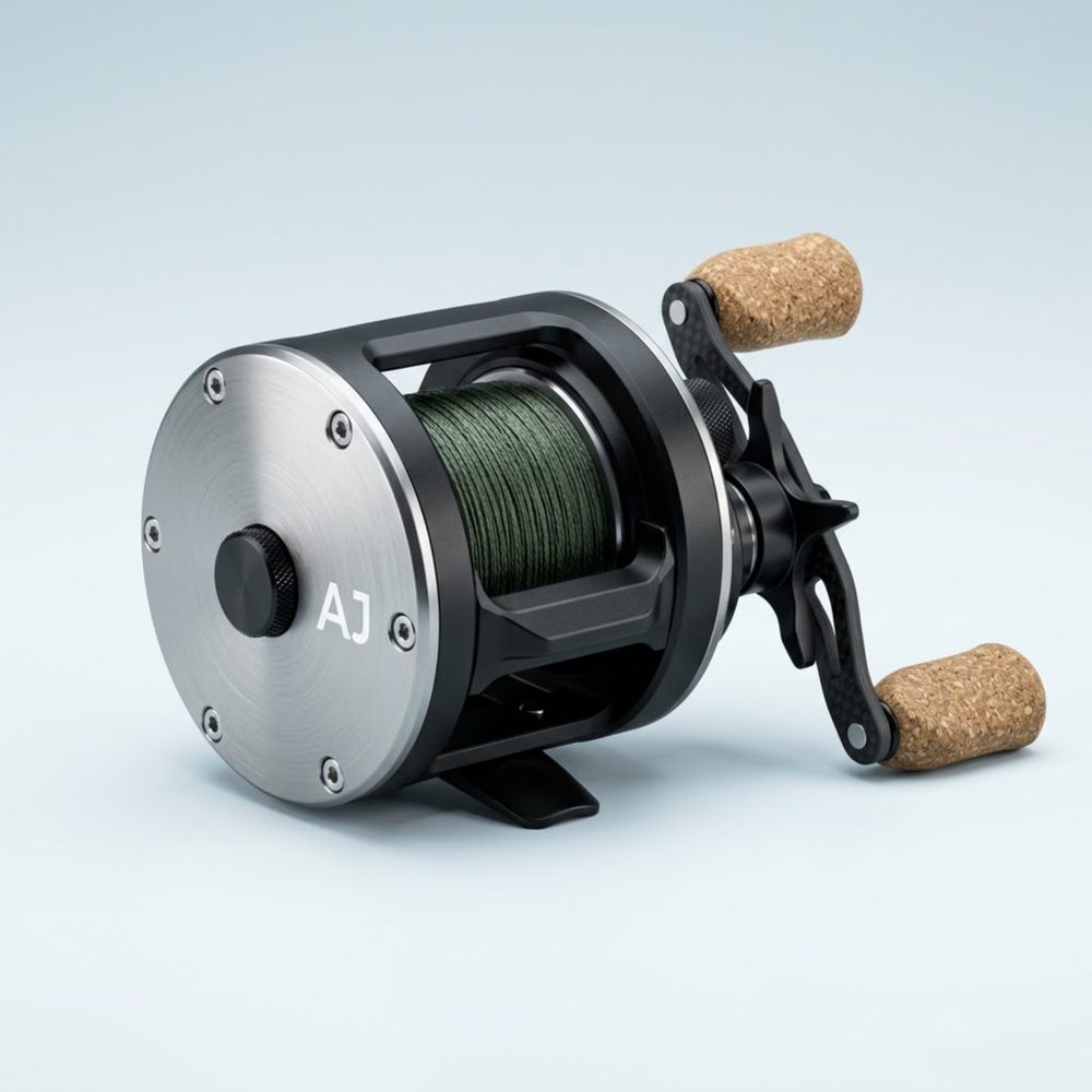 Low-profile baitcasting reel with brushed silver side plate, cork knobs and green braid