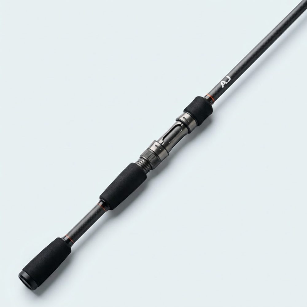 Spinning rod handle, gunmetal reel seat and orange trim wrap, blank running out of frame