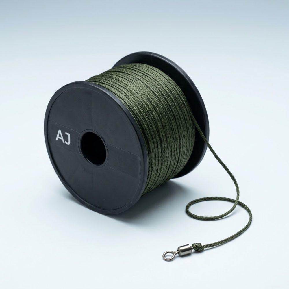 Black spool filled with dark green eight-strand braid, trailing line tied to a barrel swivel