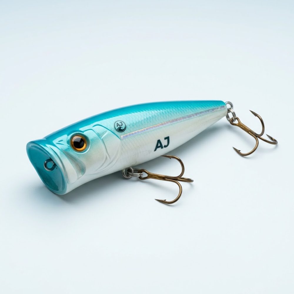 Aqua and pearl topwater popper with a cupped face and two bronze treble hooks