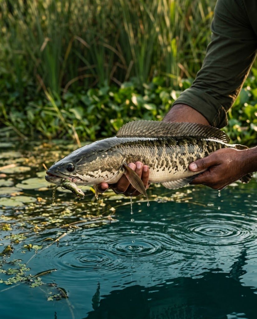 Angler holding a snakehead above still weedy freshwater