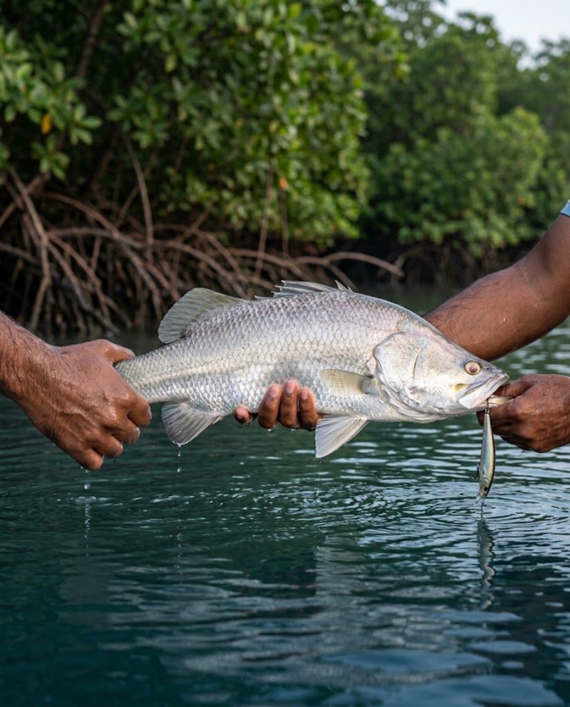 Angler holding a barramundi above brackish backwater
