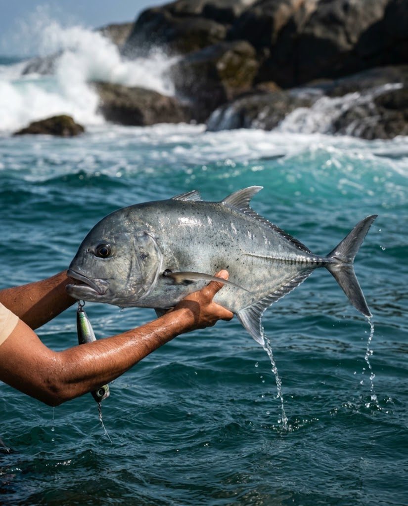 Angler holding a giant trevally above open sea