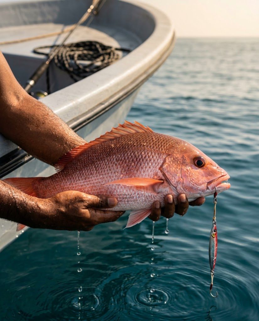 Angler holding a red snapper over the side of a small boat