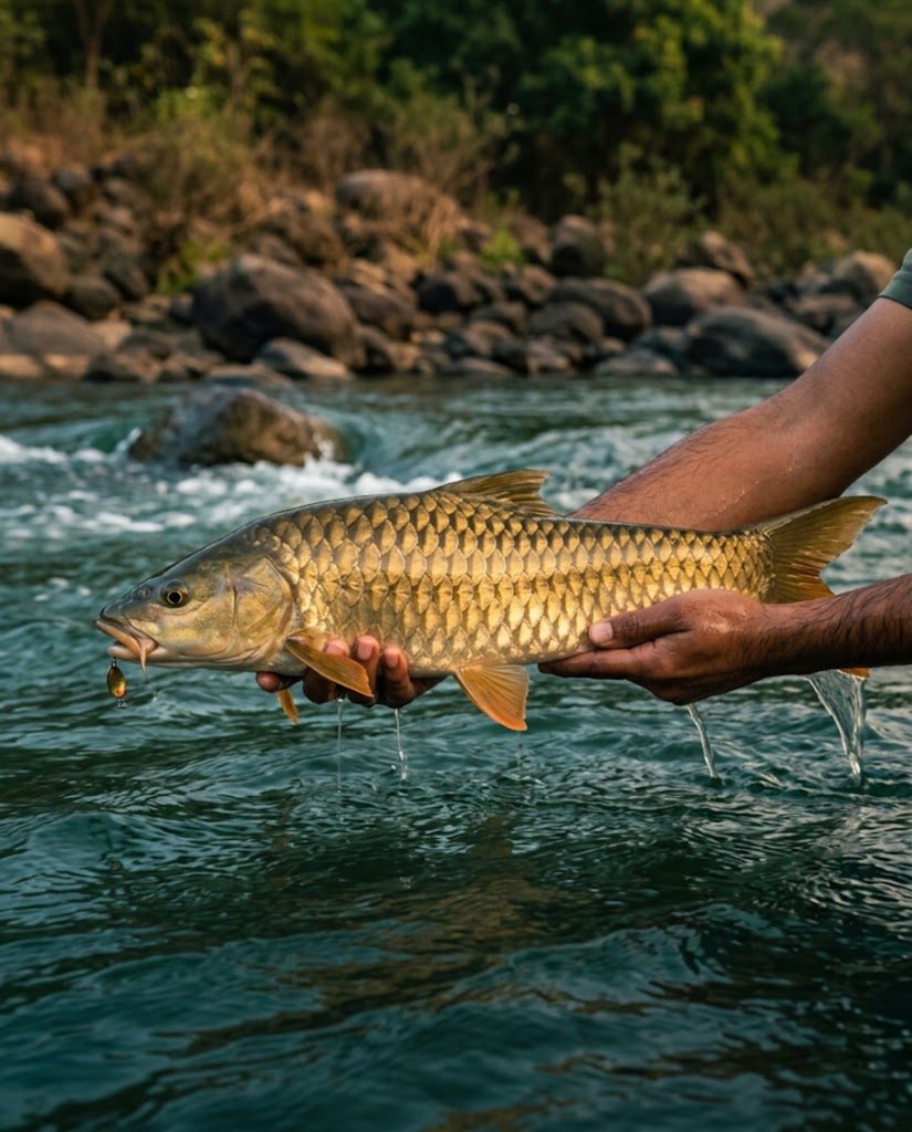 Angler holding a golden mahseer above a river run